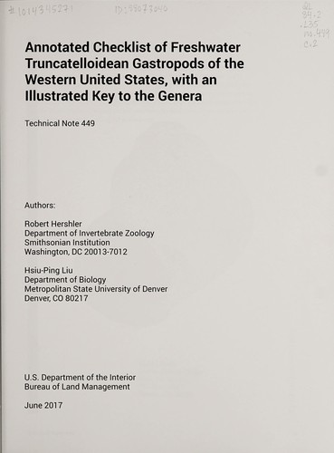 Cover for Annotated checklist of freshwater truncatelloidean gastropods of the western United States, with an illustrated key to the genera