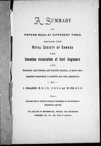 Cover for A summary of papers read at different times before the Royal Society of Canada, the Canadian Association of Civil Engineers