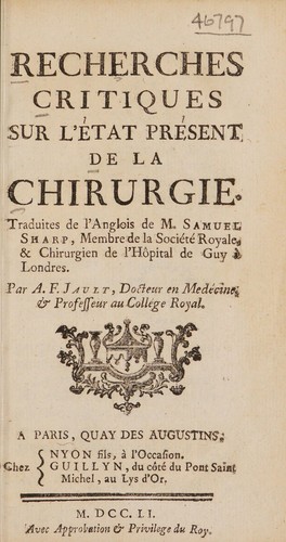 Cover for Recherches critiques sur ĺ̕etat présent de la chirurgie