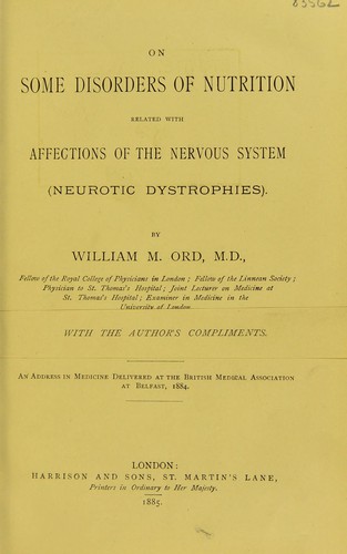 Cover for On some disorders of nutrition related with affections of the nervous system