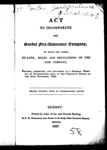 Cover for Act to incorporate the Quebec Fire-Assurance Company