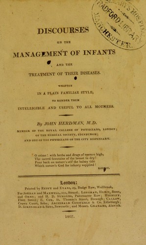 Cover for Discourses on the management of infants and the treatment of their diseases, written in a plain familiar style, to render them intelligible and useful to all mothers