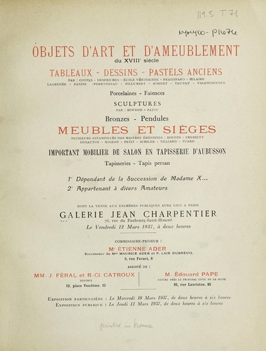 Cover for Objets d'art et d'ameublement du XVIIIe siècle, tableaux, dessins, pastels anciens, meubles et sièges