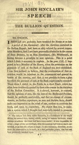 Cover for Sir John Sinclair's speech on the bullion question.