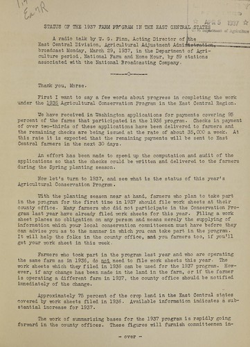Cover for Status of the 1937 farm program in the East Central states