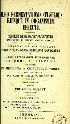 Cover for De oleo fermentationis (Fuselöl) ejusque in organismum effectu
