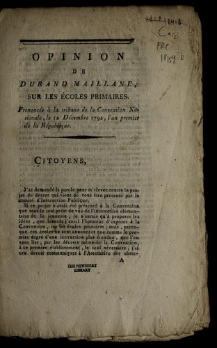 Cover for Opinion de Durand Maillane, sur les e coles primaires