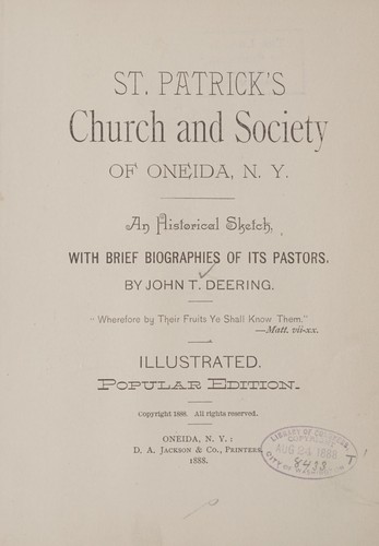 Cover for St. Patrick's church and society of Oneida, N.Y. ...