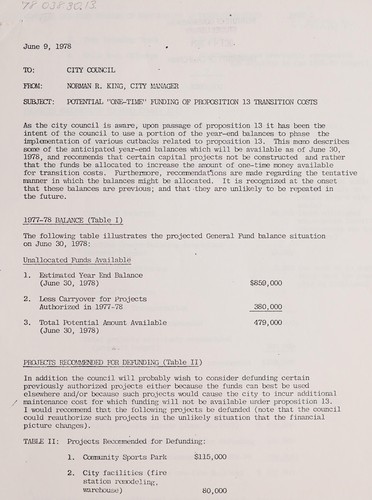 Cover for Potential "one-time" funding of Proposition 13 transition costs