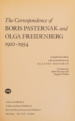 Cover for The Correspondence of Boris Pasternak and Olga Freidenberg, 1910-1954