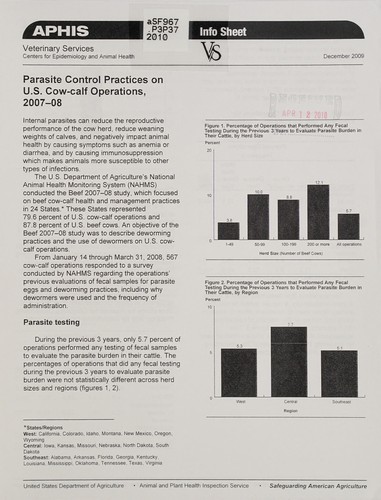 Cover for Parasite control practices on U.S. cow-calf operations, 2007-08