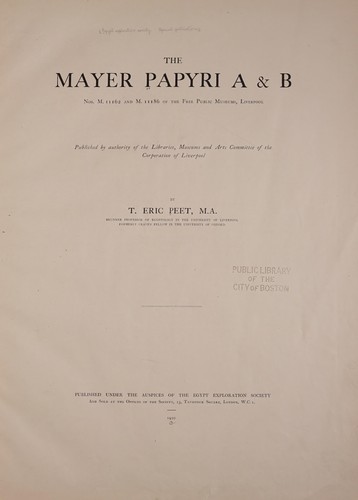 Cover for The Mayer papyri A & B; nos. M. 11162 and M. 11186 of the Free public museums, Liverpool.