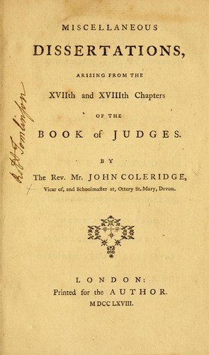 Cover for Miscellaneous dissertations, arising from the XVIIth and XVIIIth chapters of the Book of Judges