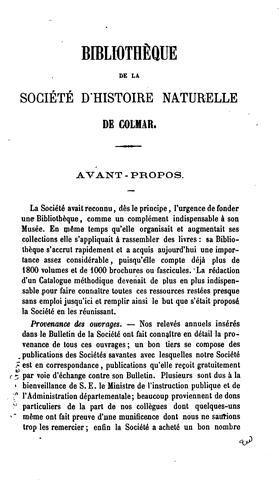 Cover for Bibliothèque de la Société d'histoire naturelle de Colmar