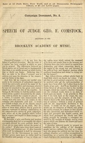 Cover for Speech of Judge Geo. F. Comstock, delivered at the Brooklyn Academy of Music.