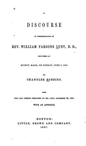 Cover for discourse in commemoration of Rev. William Parsons Lunt