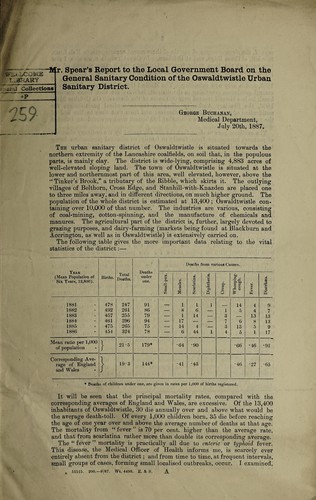 Cover for Mr. Spear's report to the Local Government Board on the general sanitary condition of the Oswaldtwistle urban sanitary district