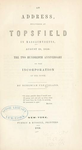 Cover for An address delivered at Topsfield in Massachusetts, August 28, 1850
