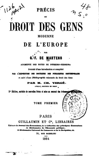 Cover for Précis du droit des gens moderne de l'Europe