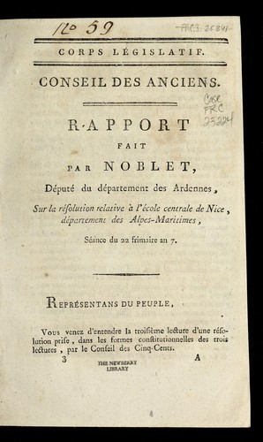 Cover for Rapport fait par Noblet, de pute  du de partement des Ardennes, sur la re solution relative a   l'e cole centrale de Nice, de partement des Alpes-Maritimes