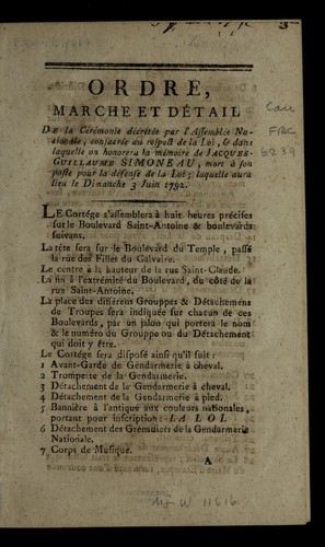 Cover for Ordre, marche et de tail de la ce re monie par l'Assemble e nationale