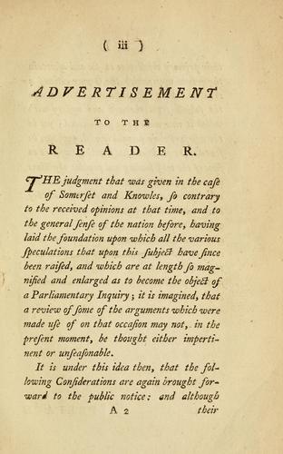 Cover for Considerations on the Negroe cause commonly so called, addressed to the Right Honourable Lord Mansfield, Lord Chief Justice of the Court of King's Bench, &c