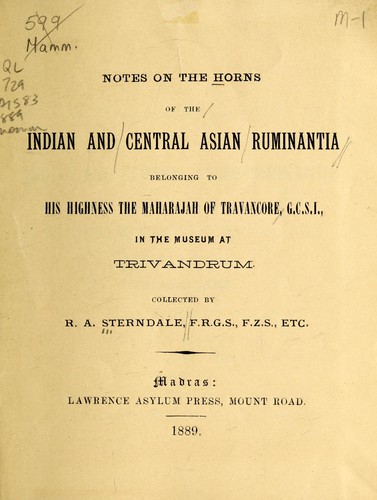 Cover for Notes on the horns of the Indian and Central Asian Ruminantia belonging to His Highness, the Maharajah of Travancore ...