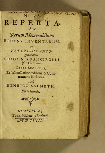 Cover for Guidonis Pancirolli jc. clariss. Rerum memorabilium libri duo., quorum prior deperditarum : posterior noviter inventarum est