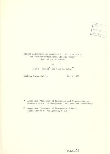 Cover for Direct assessment of consumer utility functions