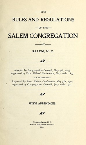 Cover for The rules and regulations of the Salem congregation at Salem, N.C.