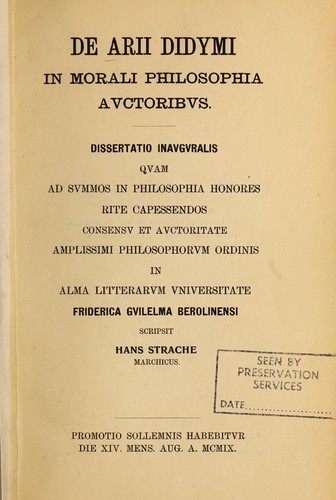 Cover for De Arii Didymi in morali philosophia auctoribus.