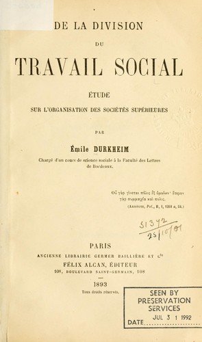 Cover for De la division du travail social