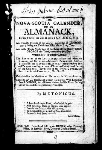 Cover for The Nova-Scotia calender, or, An almanack for the year of the Christian æera 1799 ...