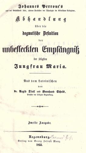 Cover for Abhandlung ©·uber die dogmatische Definition der unbefleckten Empf©·angniss der seligsten Jungfrau Maria