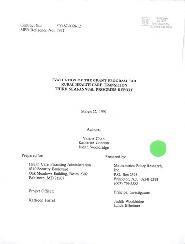 Cover for Evaluation of the grant program for rural health care transition