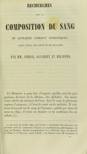 Cover for Recheches sur la composition du sang de quelques animaux domestiques, dans l'©♭tat de sant©♭ et de maladie