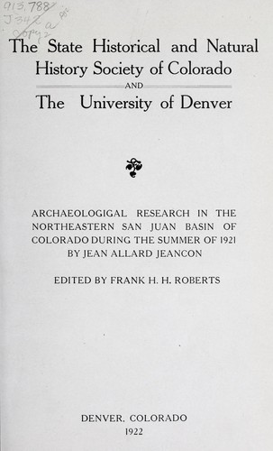 Cover for Archaeological research in the northeastern San Juan basin of Colorado during the summer of 1921