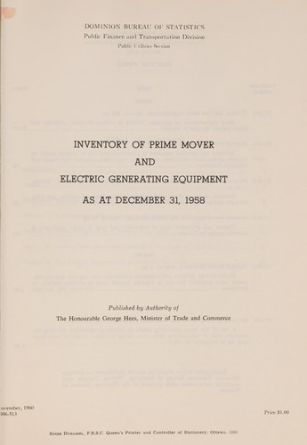 Cover for Inventory of prime mover and electric generating equipment as at December 31, 1958.
