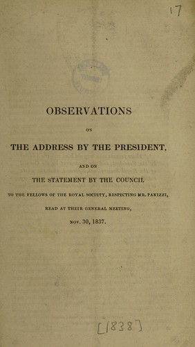 Cover for Observations on the address by the President, and on the statement by the council to the fellows of the Royal Society, respecting Mr. Panizzi, read at their general meeting, Nov. 30, 1837