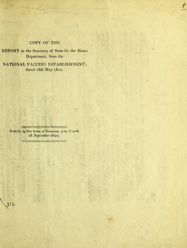 Cover for Copy of the report to the secretary of state for the home department, from the National Vaccine Establishment