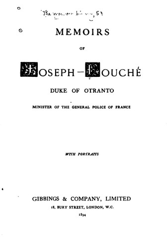 Cover for Memoirs of Joseph Fouché, Duke of Otranto