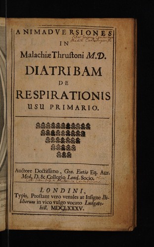 Cover for Animadversiones, in Malachiae Thrustoni, M. D. diatribam de respirationis usu primario ...