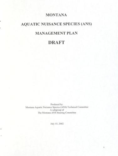 Cover for Montana aquatic nuisance species (ANS) management plan