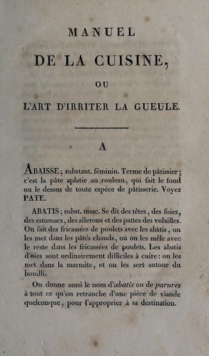 Cover for Manuel de la cuisine, ou, L'art d'irriter la gueule