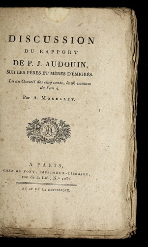 Cover for Discussion du rapport de P.J. Audouin, sur les pe  res et me  res d'e migre s