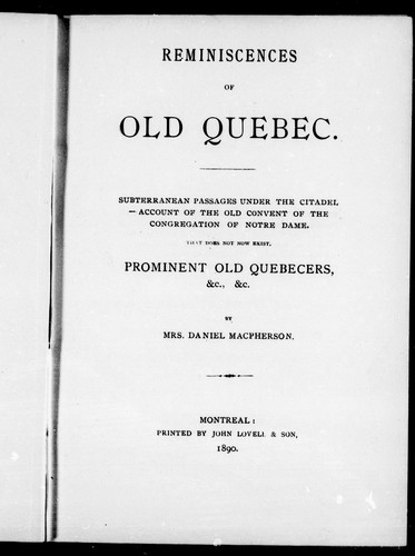 Cover for Reminiscences of old Quebec