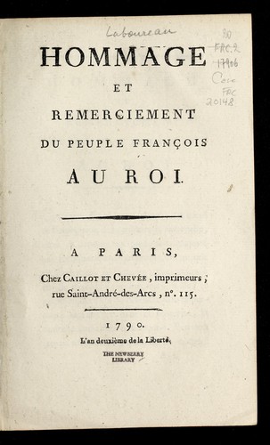 Cover for Hommage et remerciement du peuple franc ʹois au roi
