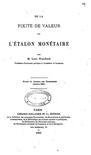 Cover for De la fixité de valeur de l'étalon monétaire