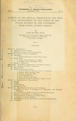 Cover for study of the mental, pedagogical and physical development of the pupils of the Junior division of the University high school, Eugene, Oregon
