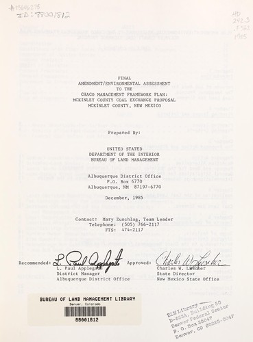 Cover for Final amendment/environmental assessment to the Chaco management framework plan